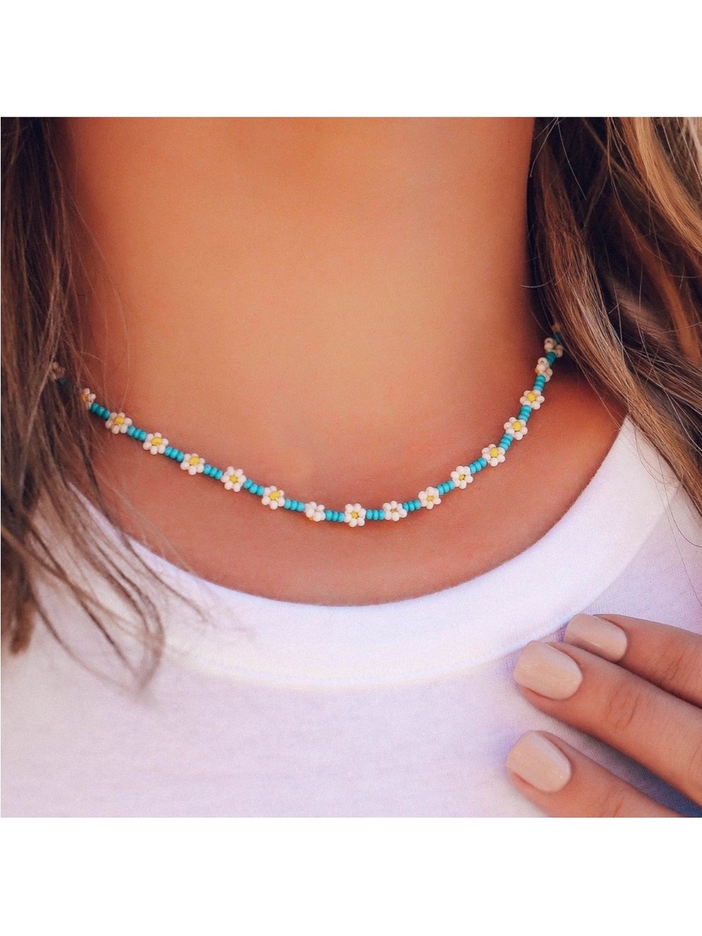 Pura Vida daisy flower seed bead necklace and anklet set blue white yellow